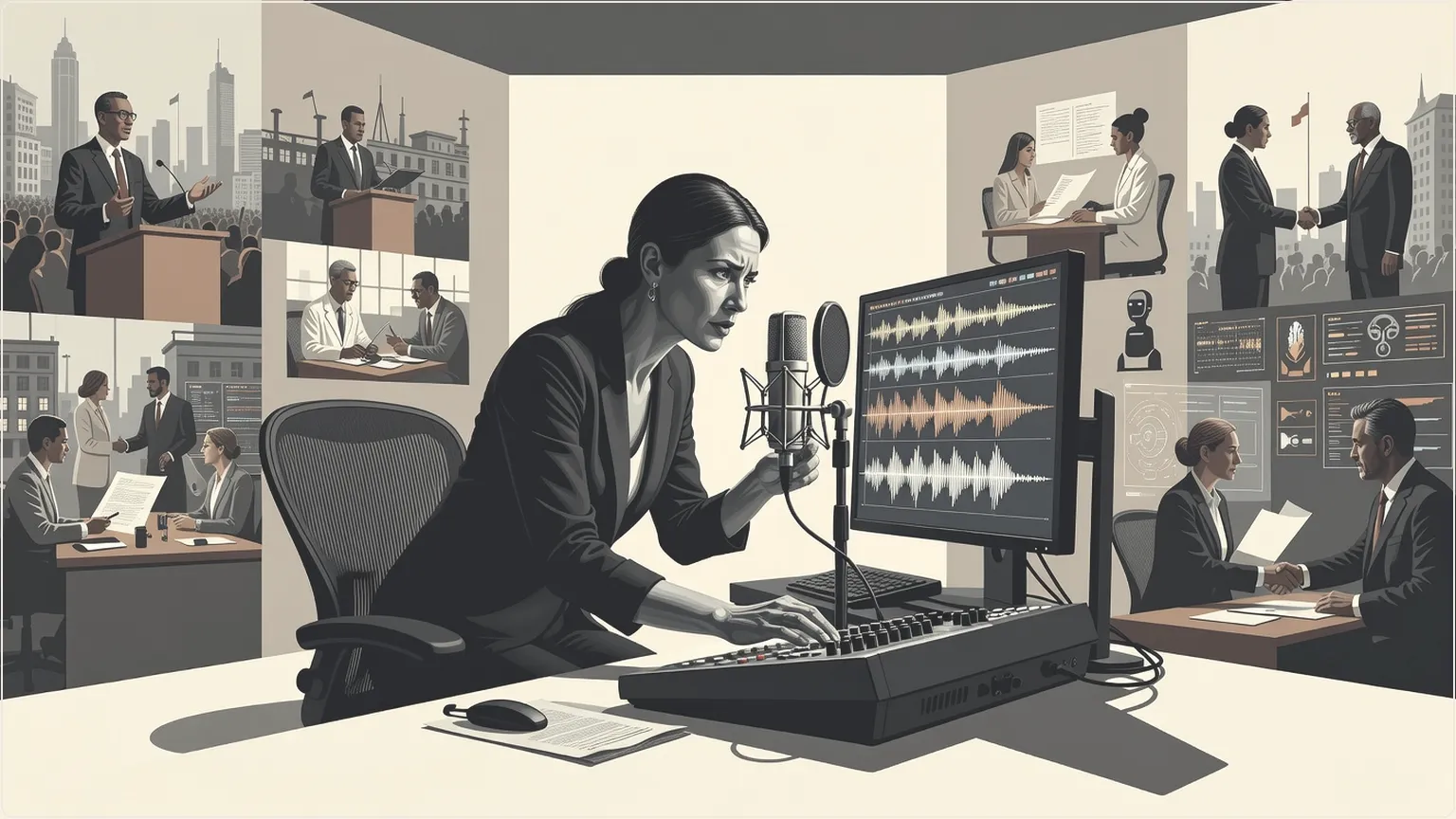 Sound engineer evoking emotions in voice AI waveforms