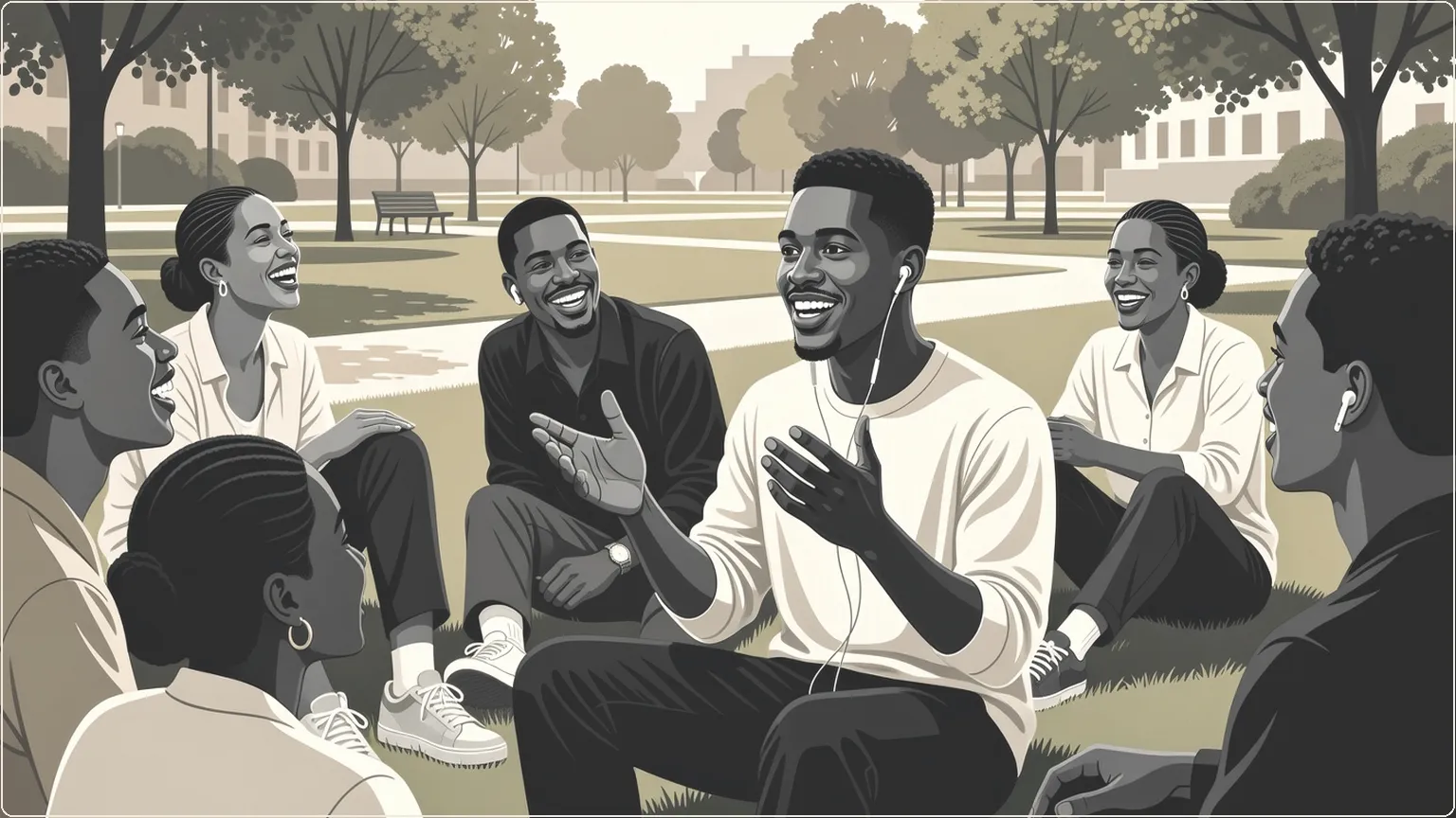 Diverse friends enjoying fluid real-time voice AI interaction in a park