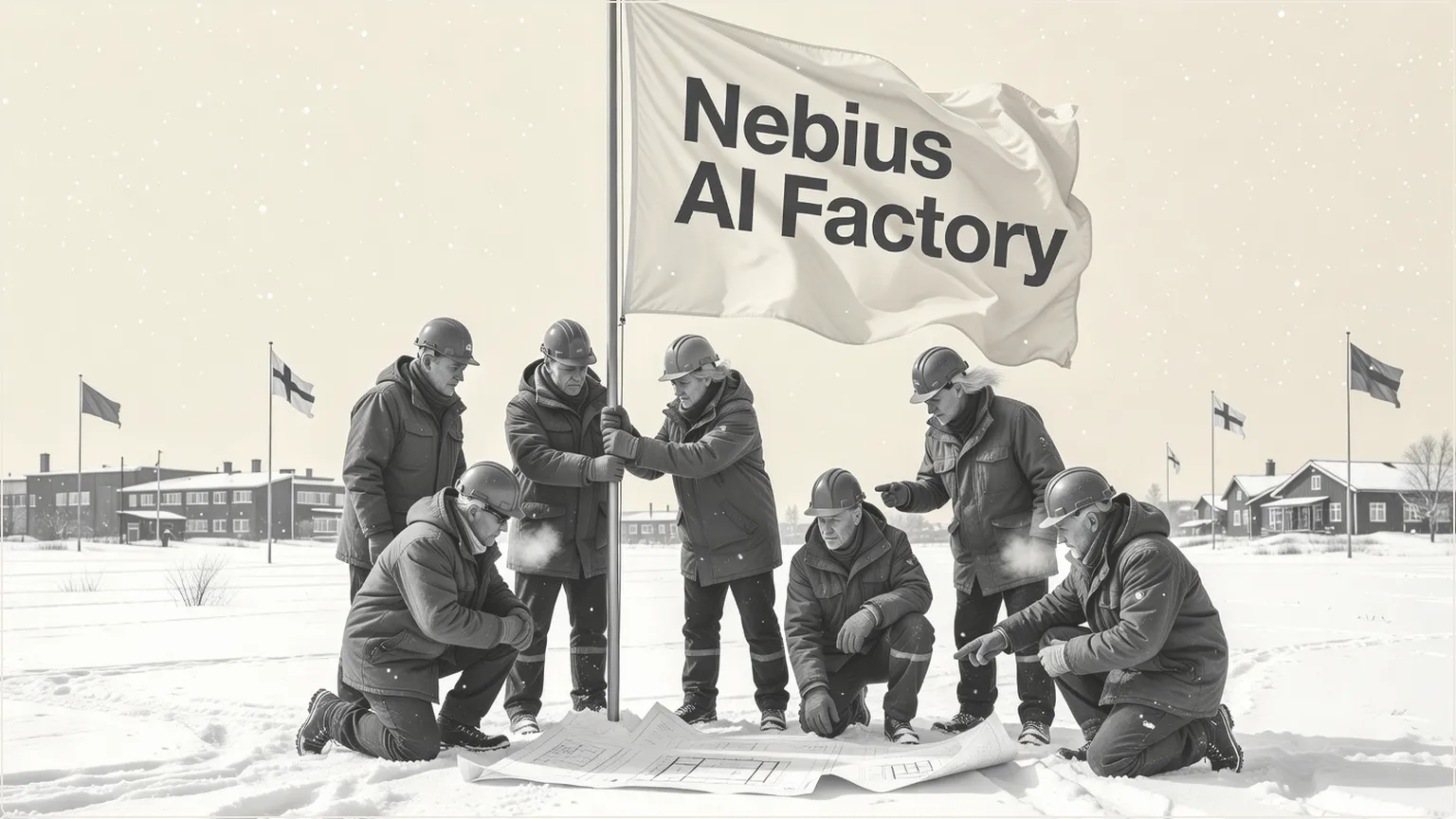 Ingenjörer planterar AI-fabriksflagga i snöigt finskt landskap