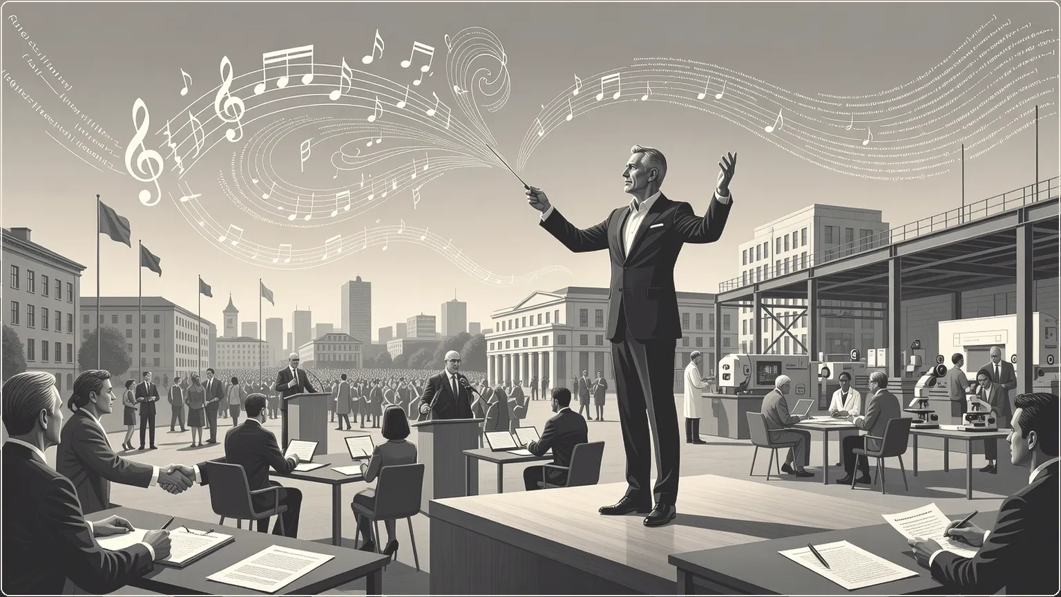 Dirigent som leder kode som musikalske strømmer, illustrerer koding som orkestrering