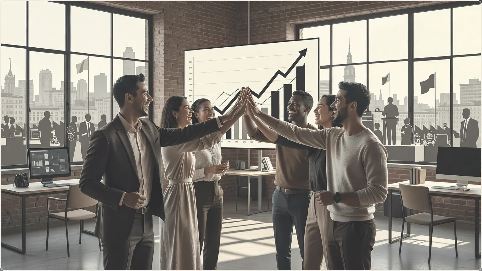 Diverse AI entrepreneurs celebrating record $300B funding in modern office