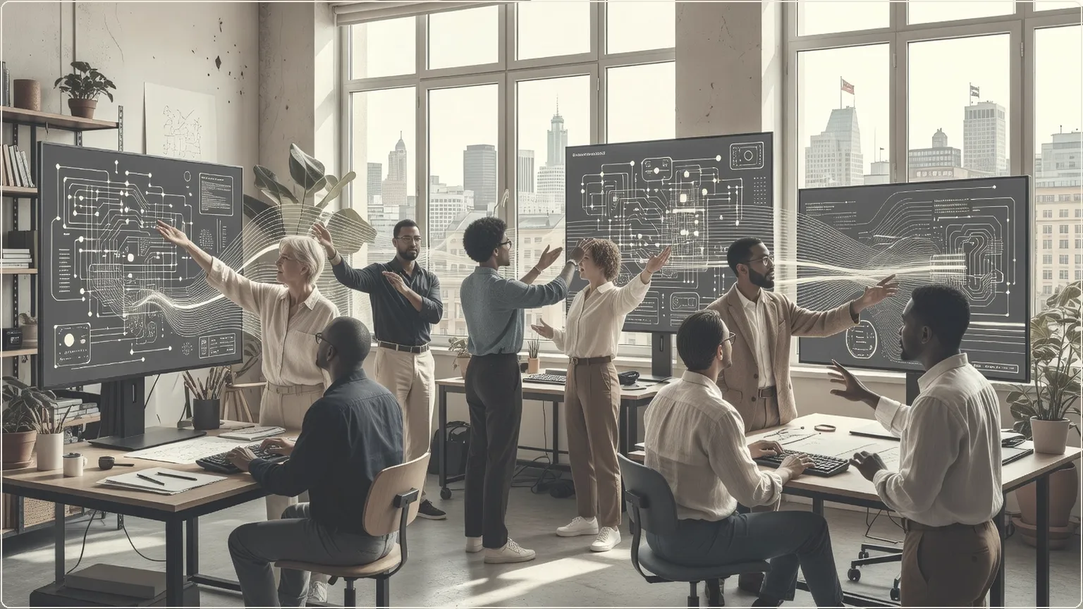 Team orchestrating offline AI agents with gestures, symbolizing democratization and shift from coding.