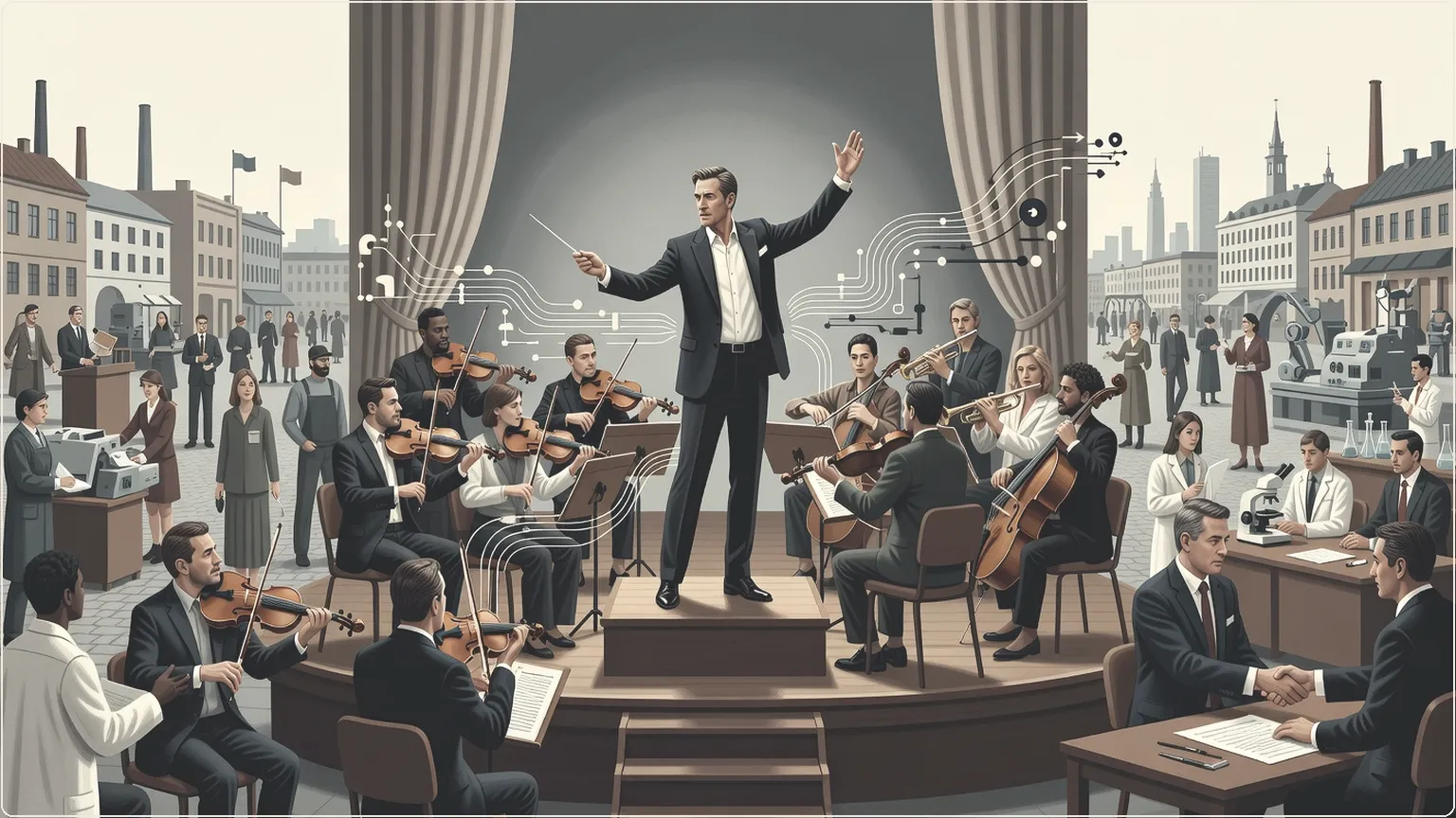 Kapellimestari johtamassa muusikoita symboloimassa AI-agenttien orkestrointia