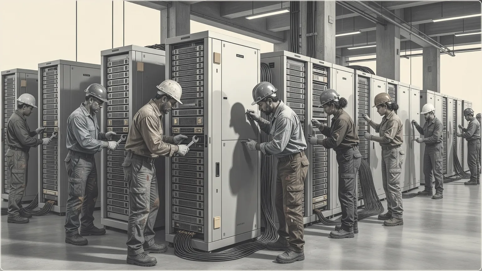 Insinöörit rakentamassa tekoäly-infrastruktuurin palvelintelineitä eurooppalaisessa datakeskuksessa