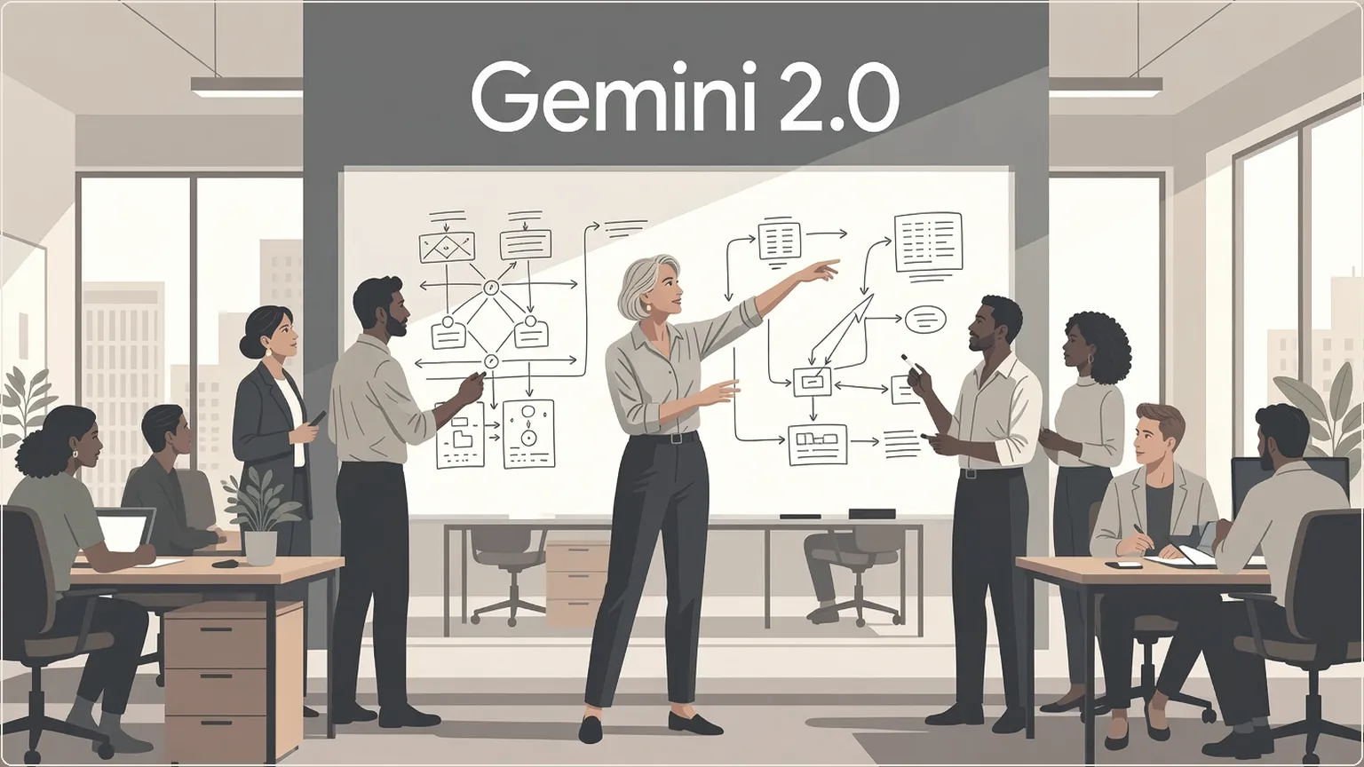 Google engineers orchestrating agentic AI workflows for Gemini 2.0 on a whiteboard