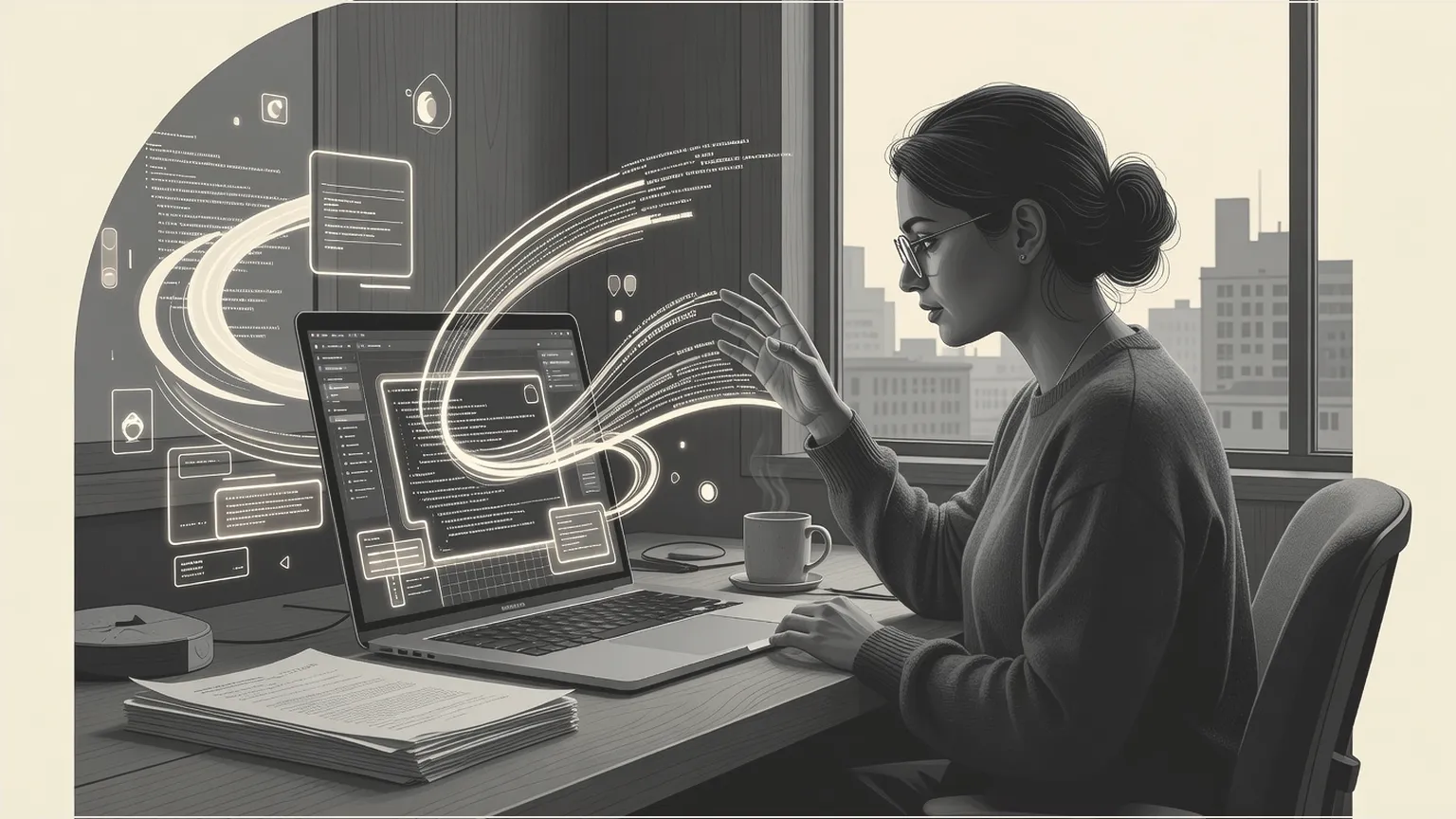 Kreativ professionel orkestrerer AI-assisteret kode på Mac med Gemini