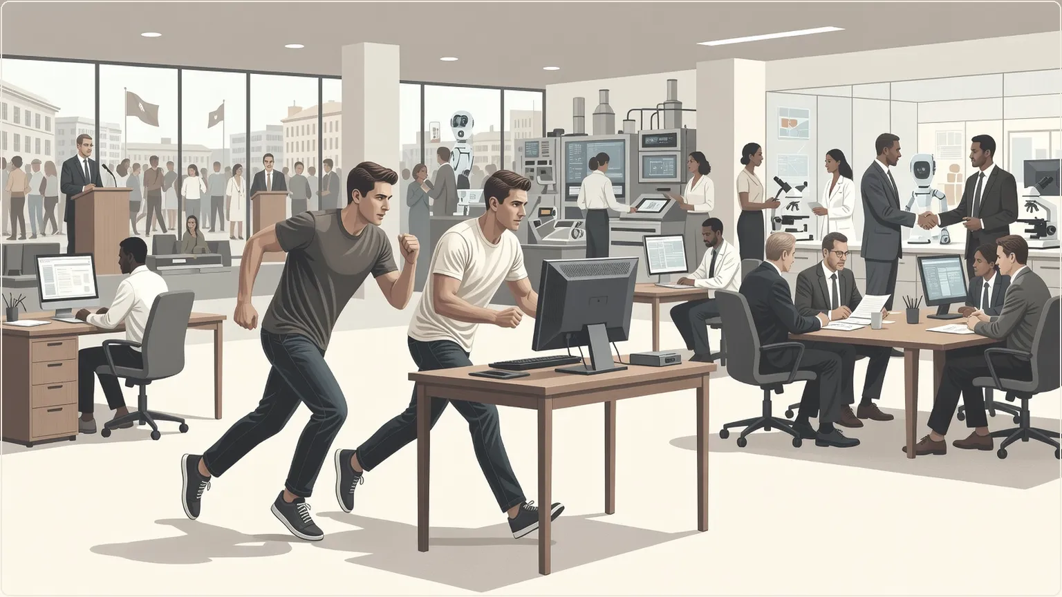 Kaksi insinööriä kilpailee työpöytätietokoneen haltuunotosta, edustaen OpenAI:n ja Perplexityn välistä kilpailua.