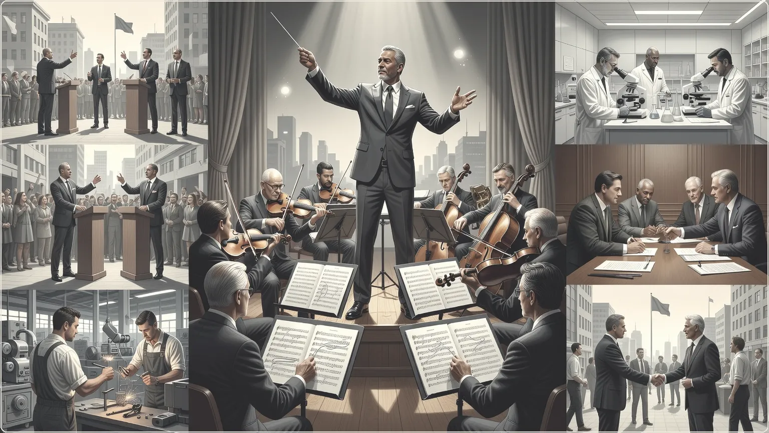 Dirigent som dirigerer musikere med kode-noter, symboliserer AI-kodingseksplosjon og verdsettelsejakt