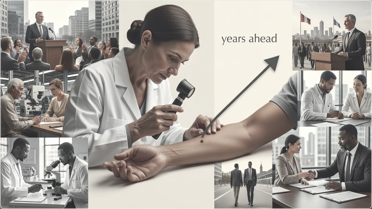 Hudlege som undersøker pasients hud for melanom med prediktiv tidslinje til frisk fremtid