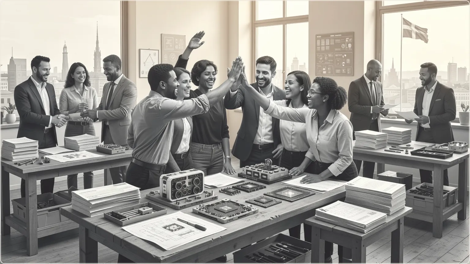 Engineers and investors celebrating physical AI hardware funding surge in a bustling workshop