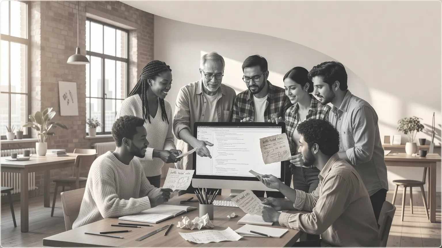 Developers collaboratively sharing rules for AI coding tools in a bright workshop
