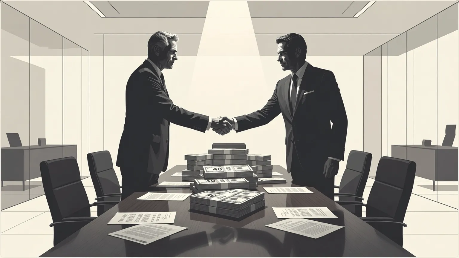 Google and Anthropic leaders sealing $40B deal with firm handshake over stacks of cash