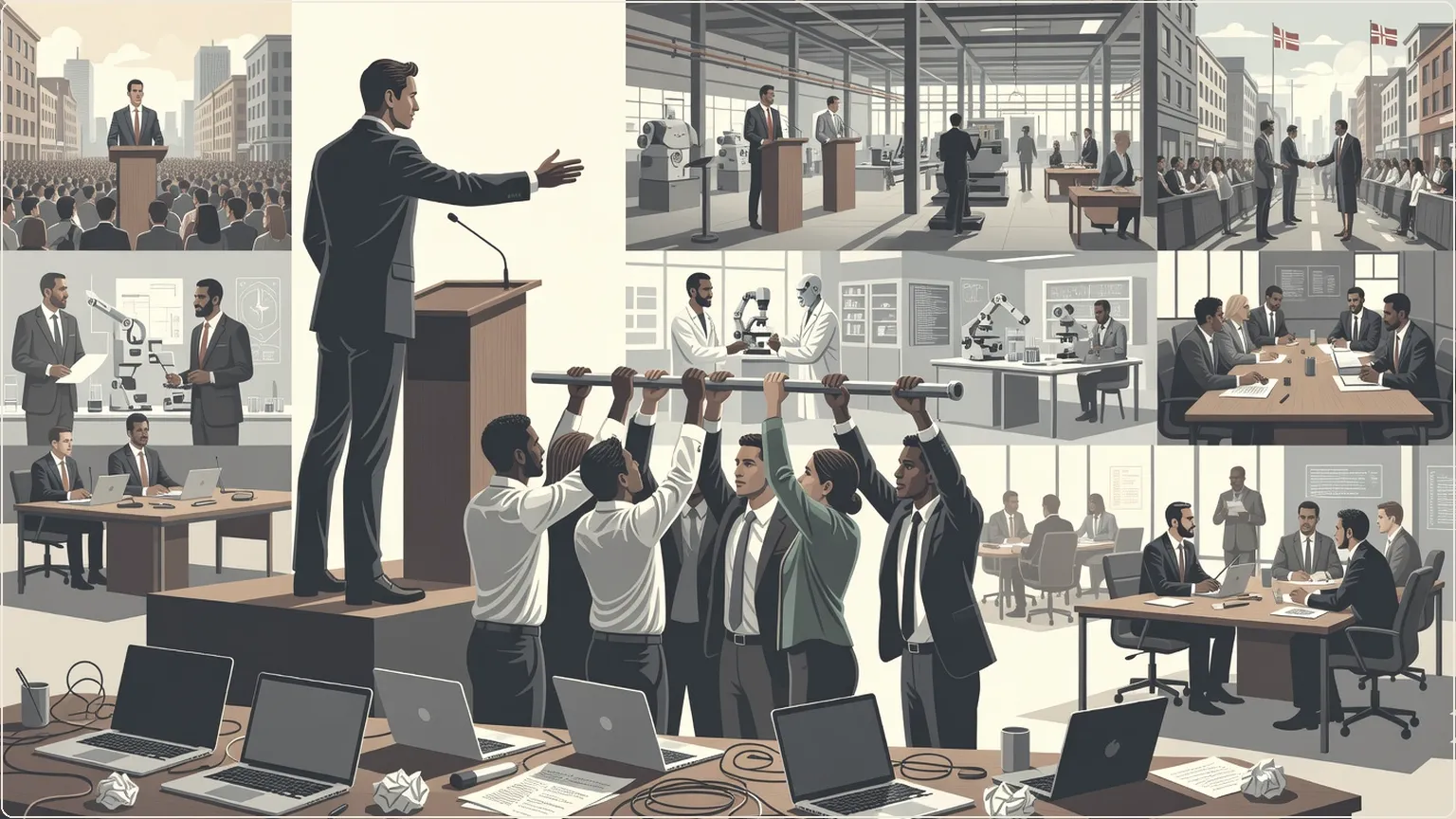 Menneskeligt team orkestreret af leder der hæver en barre, symboliserer avanceret AI-koordination