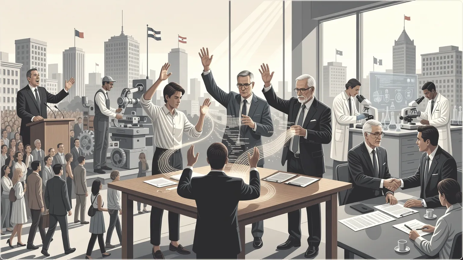 Diverse people orchestrating code streams together in a bright workspace