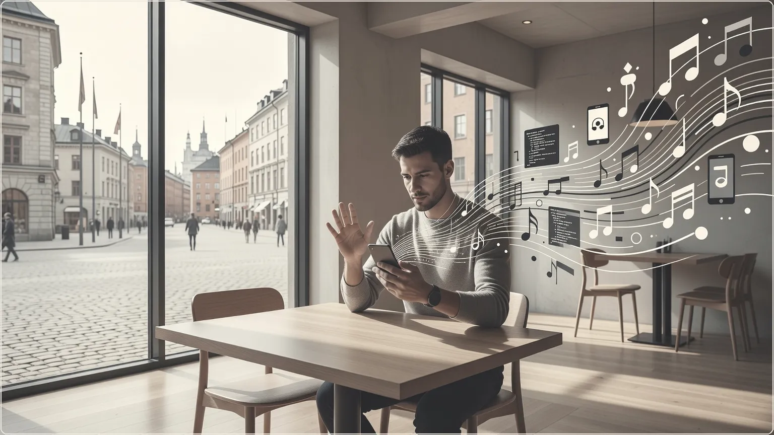 Utvikler vibe-koder på mobil i koselig kafé