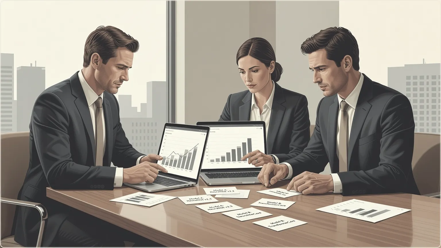 Microsoft team members arranging AI model options on a table