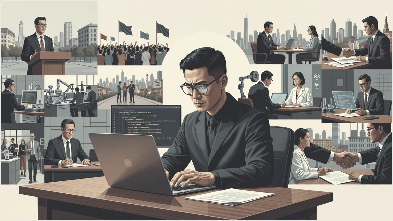 Developer wearing coding glasses at a desk with laptop