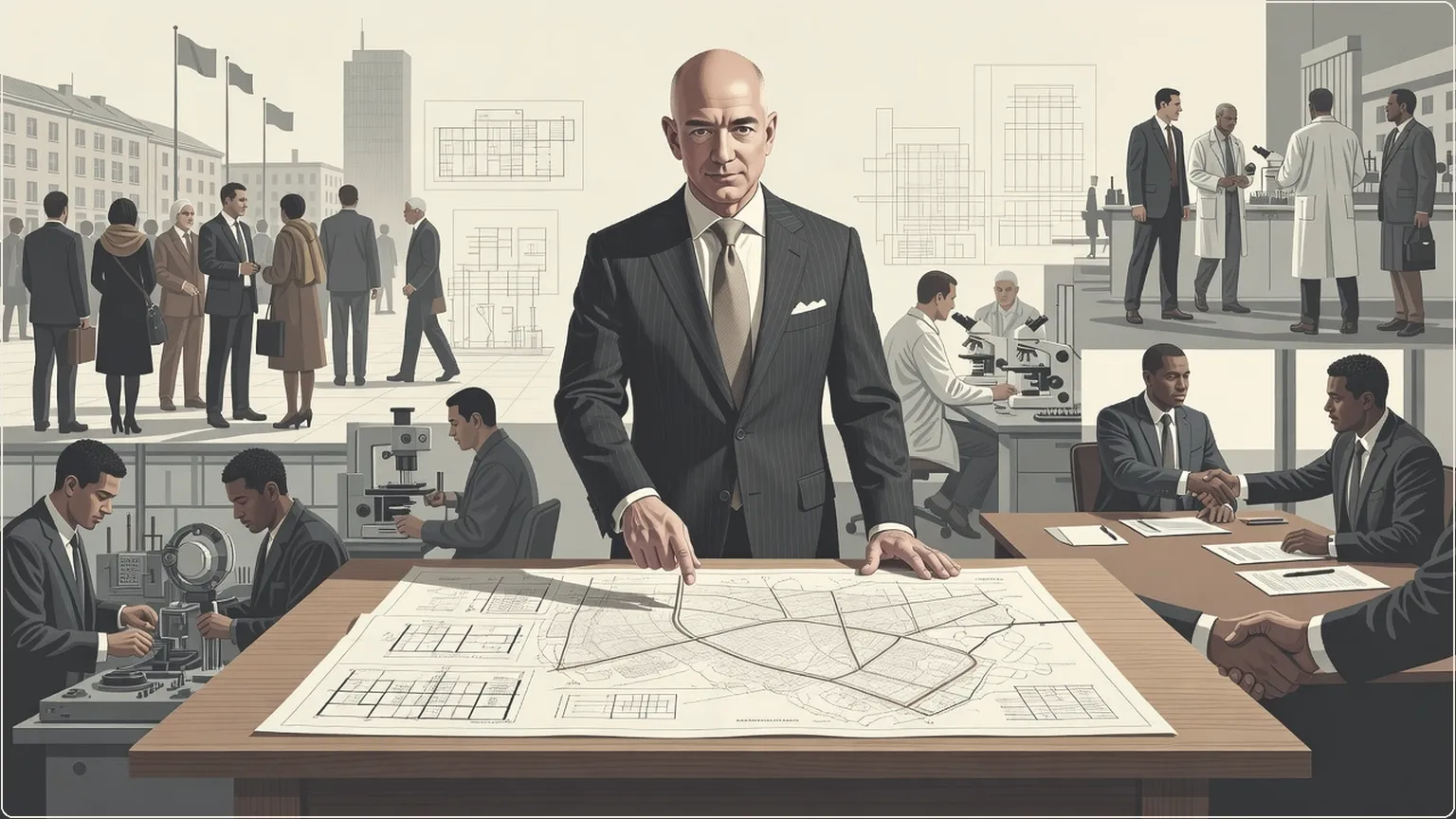 Jeff Bezos reviewing blueprints and maps for physical infrastructure investments