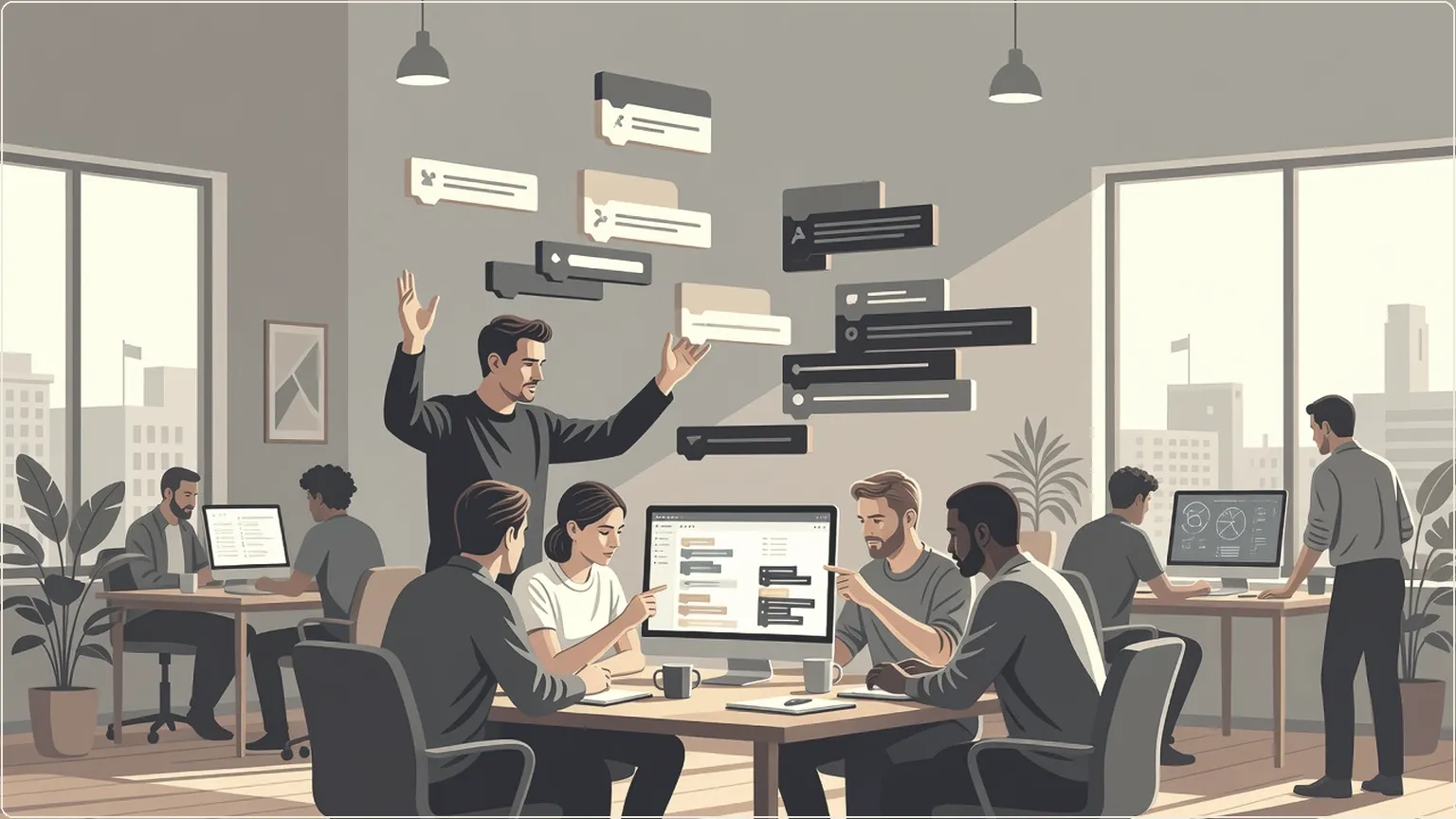 Developers orchestrating software modules with gestures in a bright studio
