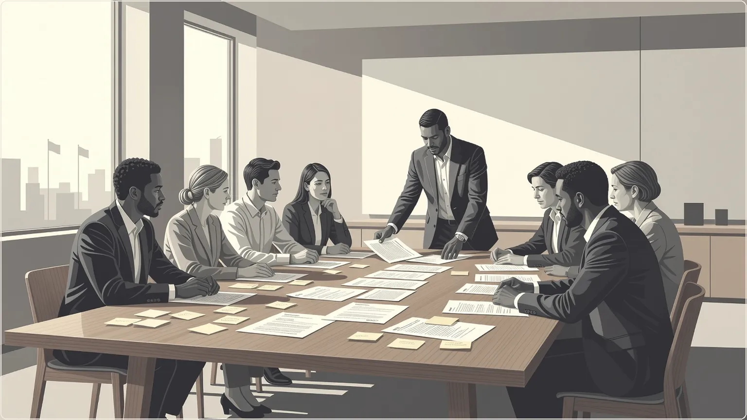 Anthropic team collaborating over stacks of code review documents in a bright office