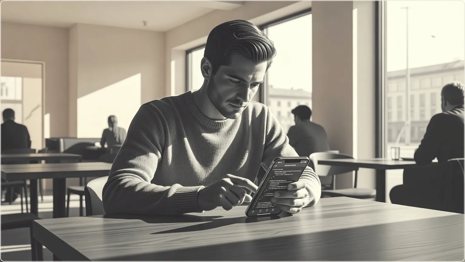 Developer using an iPhone coding app at a café table