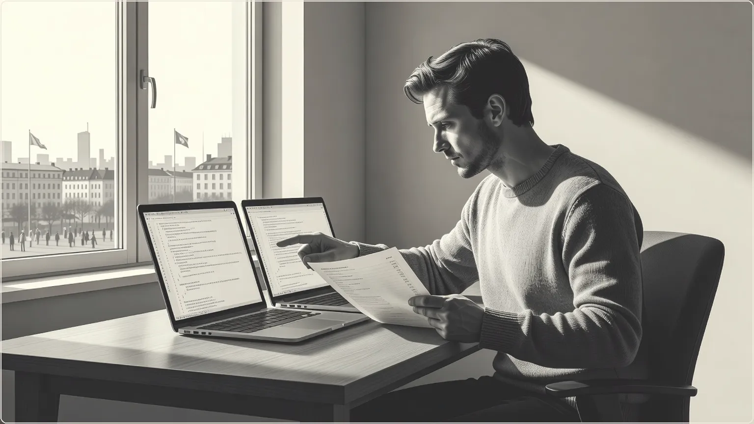 Developer comparing code on two laptops beside a price sheet in a bright room