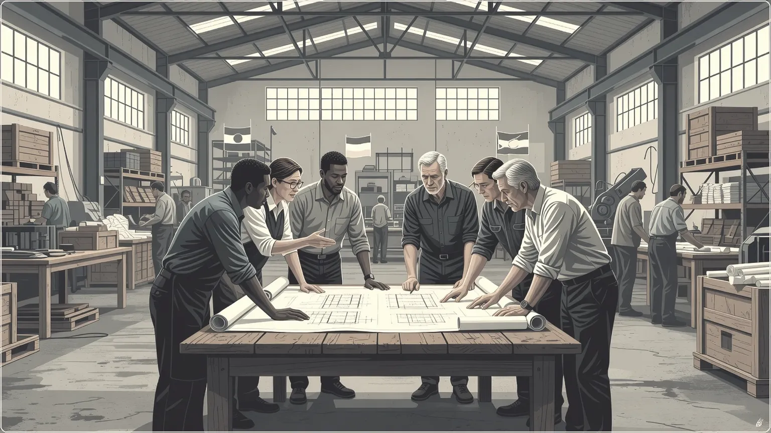 Engineers collaborating over blueprints in a warehouse
