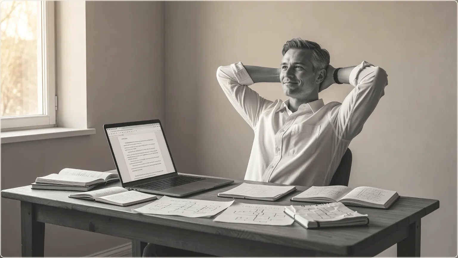 Andrej Karpathy pausing at his desk with laptop and notebooks