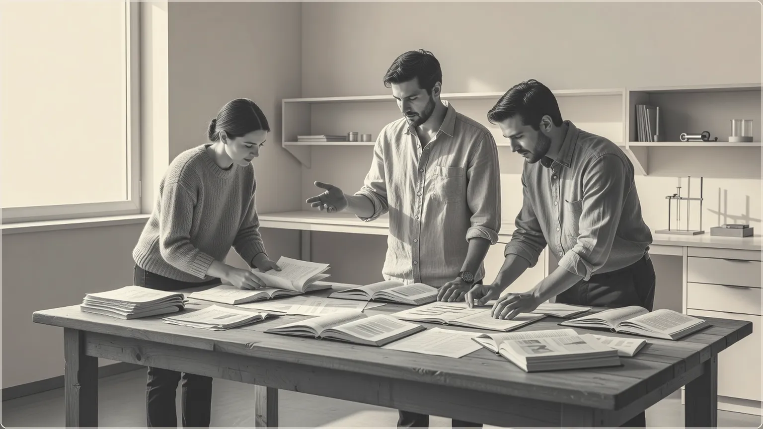Scientists rearranging research notes on a wooden table in a bright laboratory