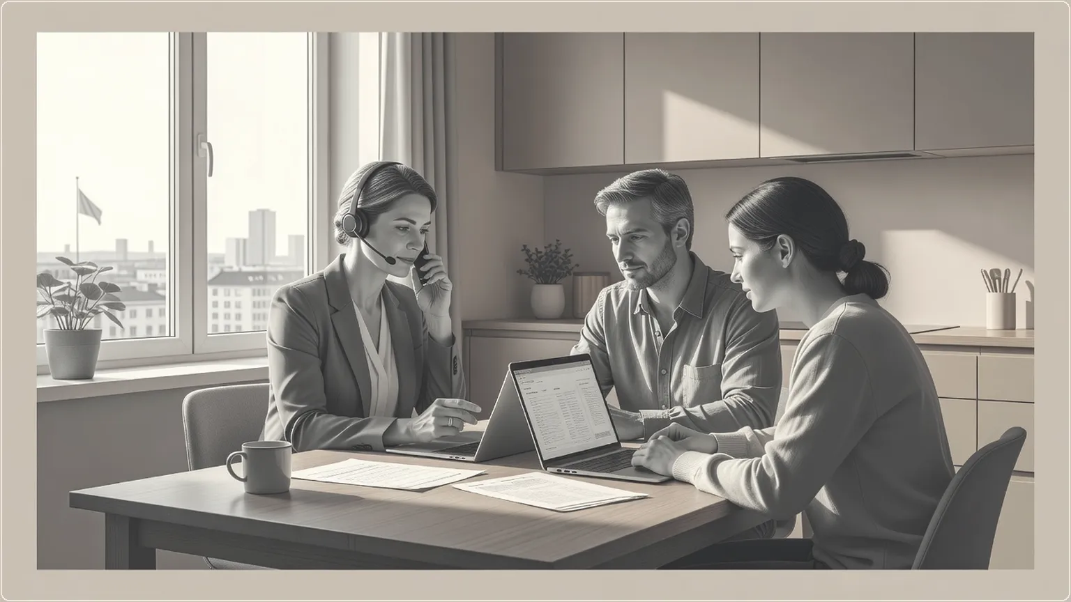Real estate agent using a headset to assist clients at a kitchen table in a bright home