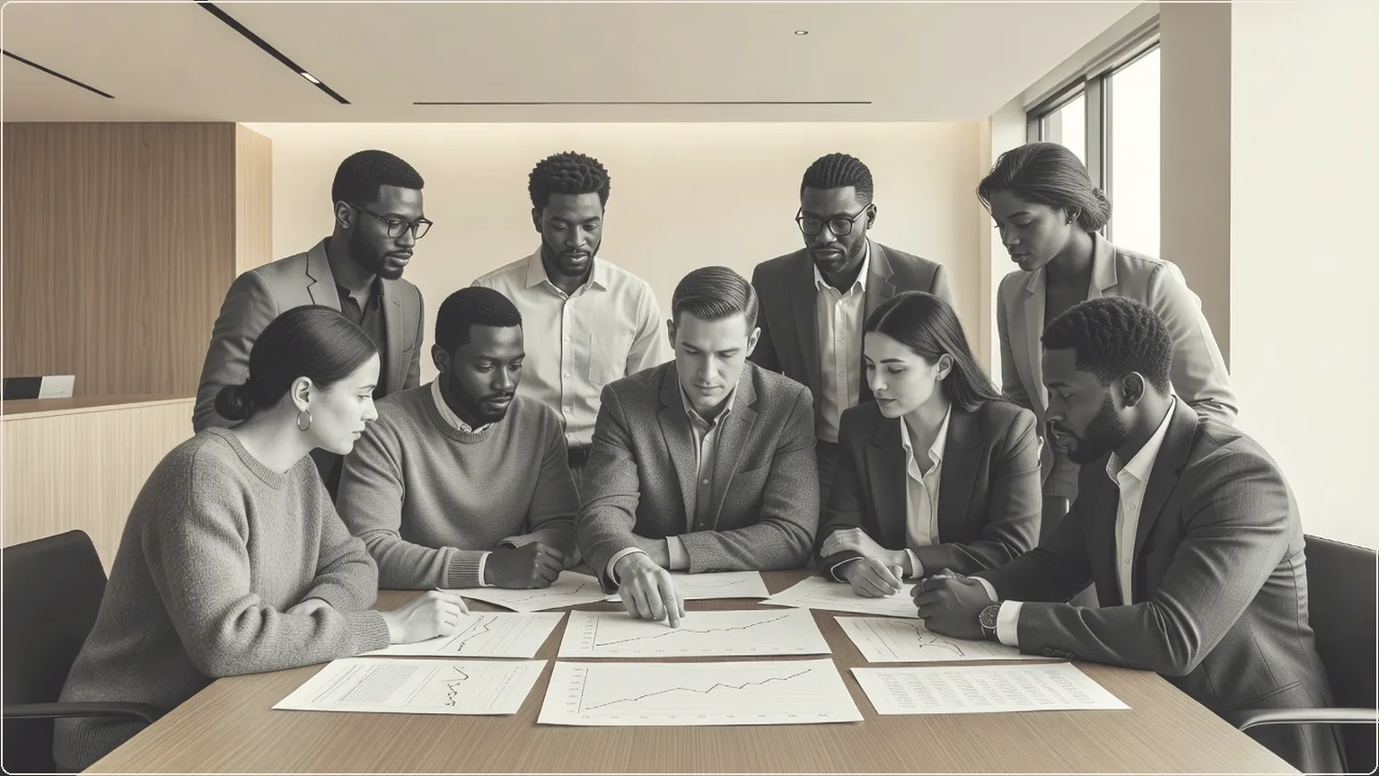 Google team reviewing AI model benchmark printouts around a conference table