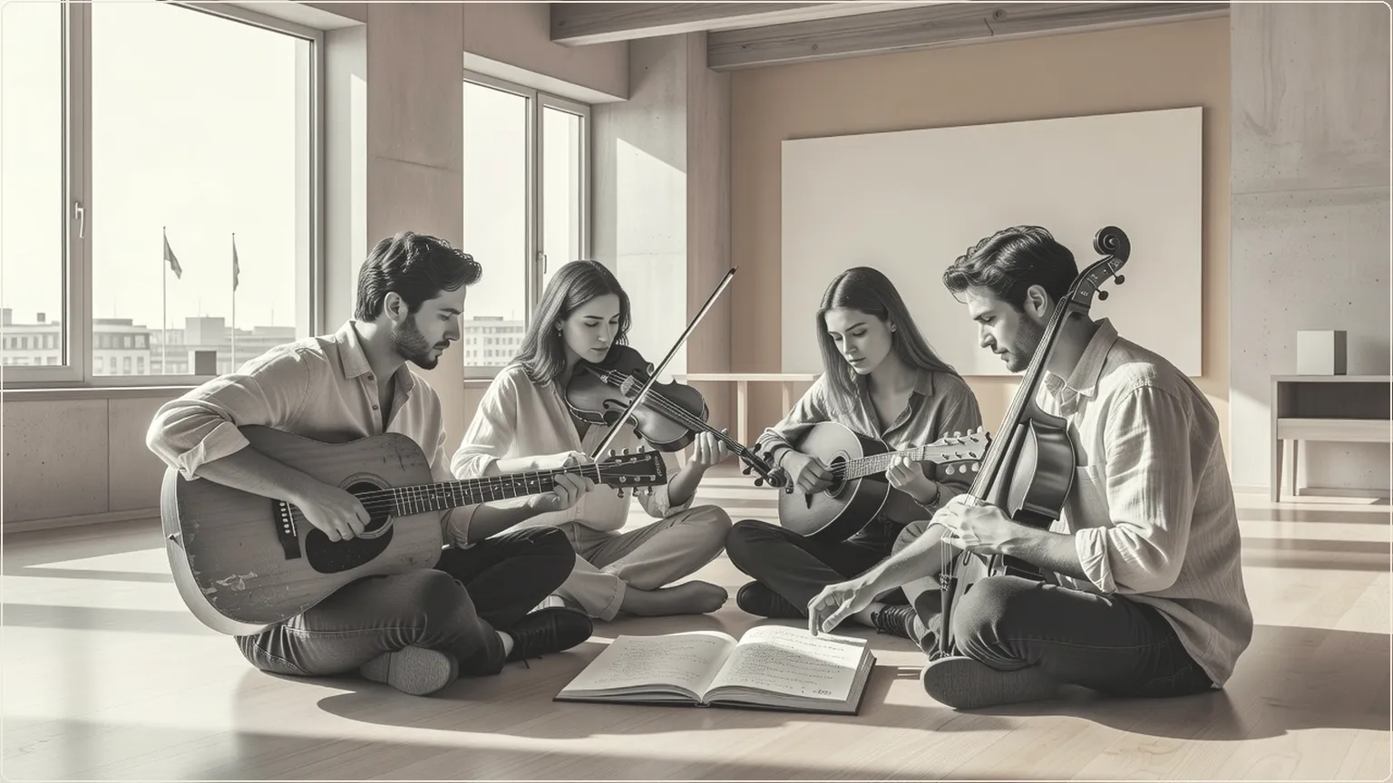 Developers collaborating with instruments and a shared notebook in a bright room