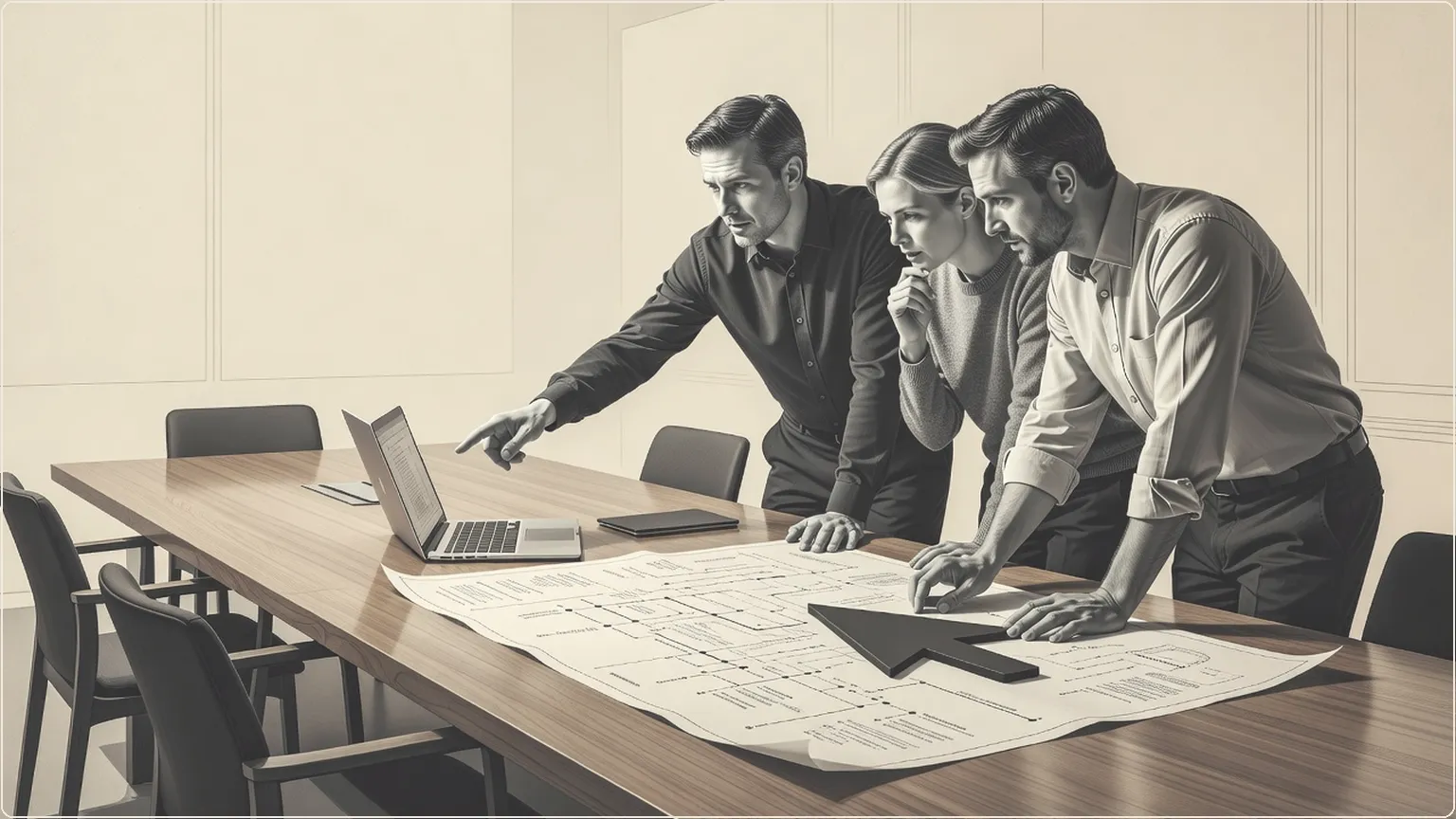 Product lead and engineers collaborating around a laptop and printed roadmap at a wooden table