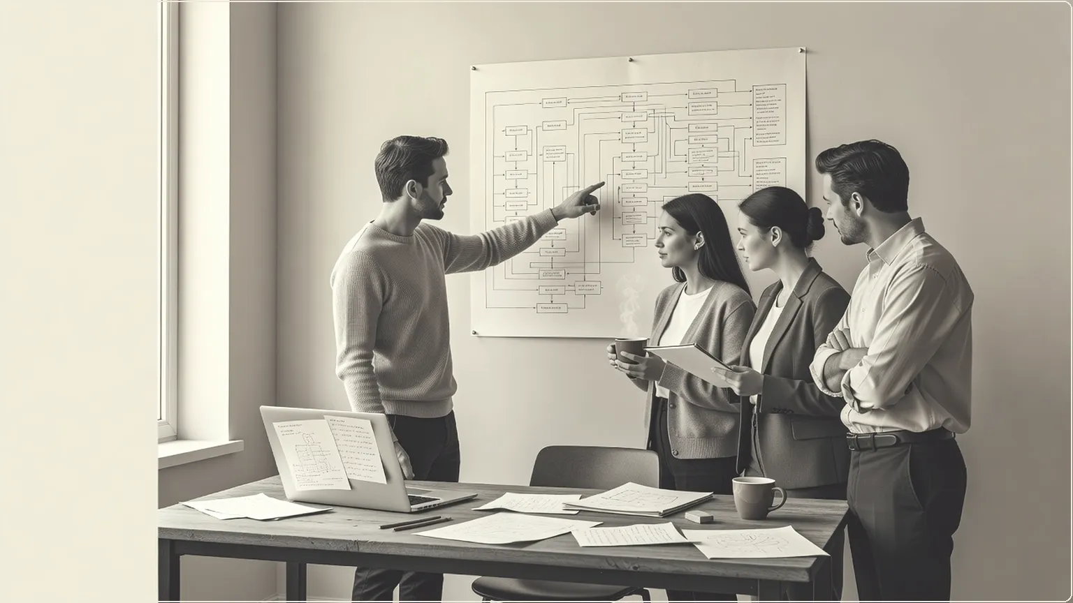 Developer directing colleagues around a wall flowchart instead of coding alone