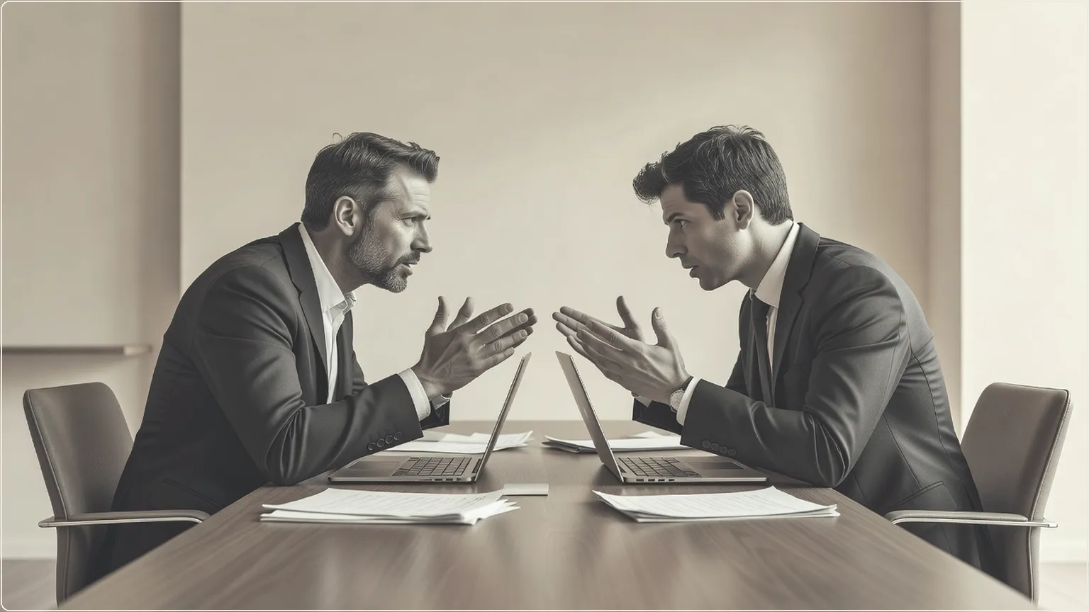 Two men debating across a table covered in papers and laptops