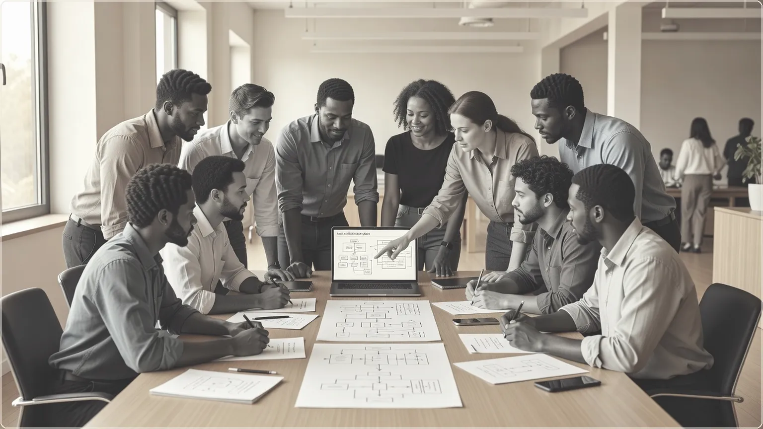 Developers collaborating on AI workflow plans around a table