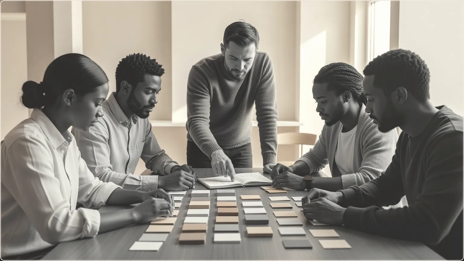 Developers collaborating around a table with notebooks and index cards