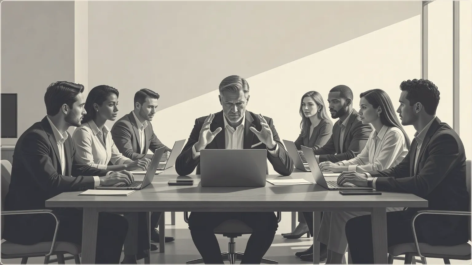 Engineer gesturing like a conductor over a laptop while teammates collaborate at a table