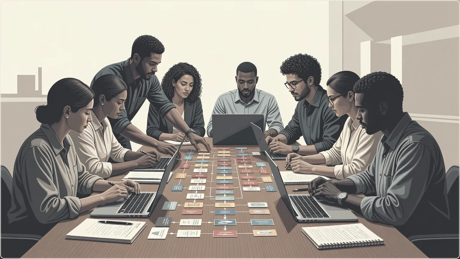 Engineers arranging workflow cards on a table
