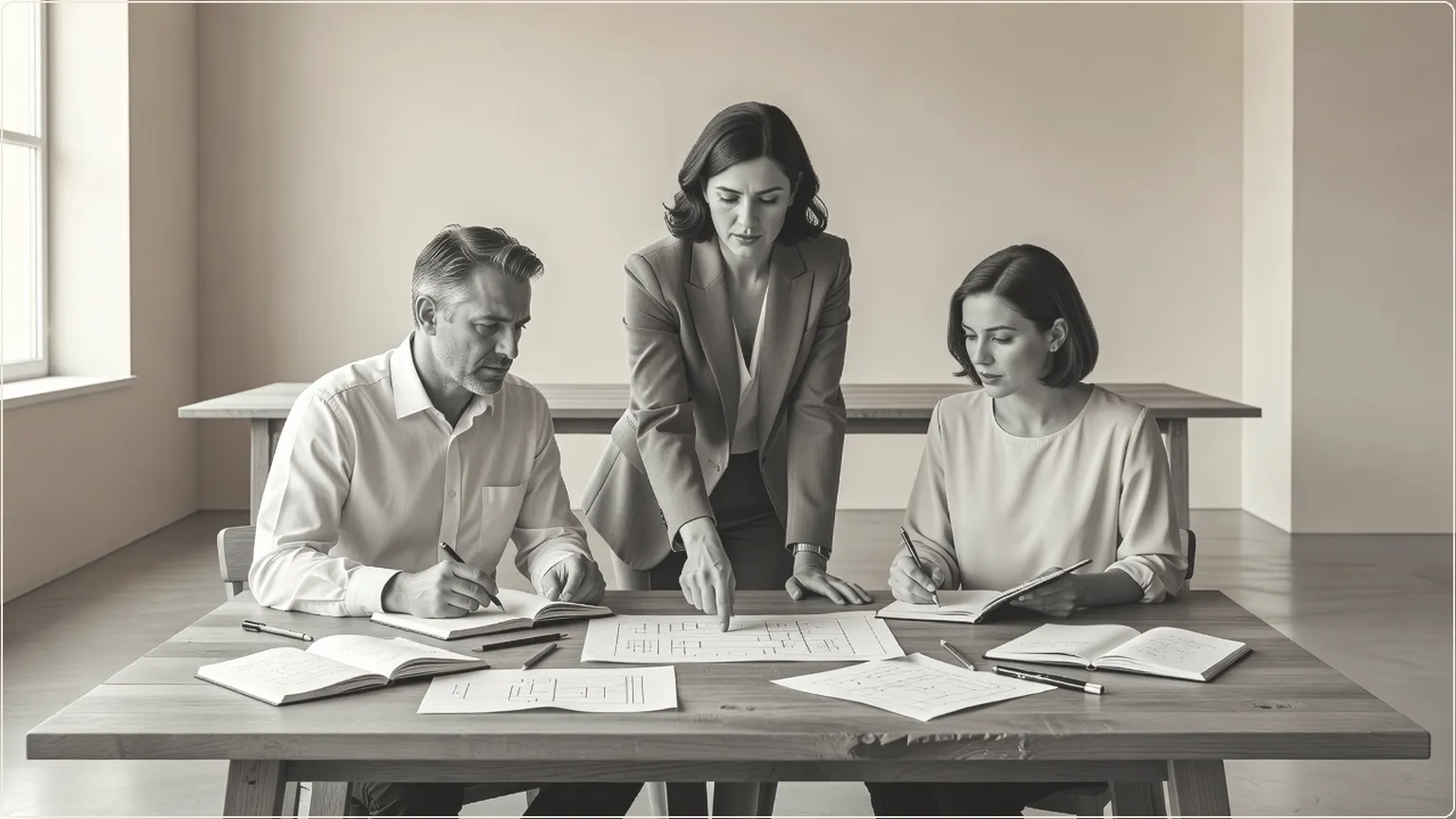 Mira Murati and colleagues reviewing ink sketches and notebooks at a sunlit worktable