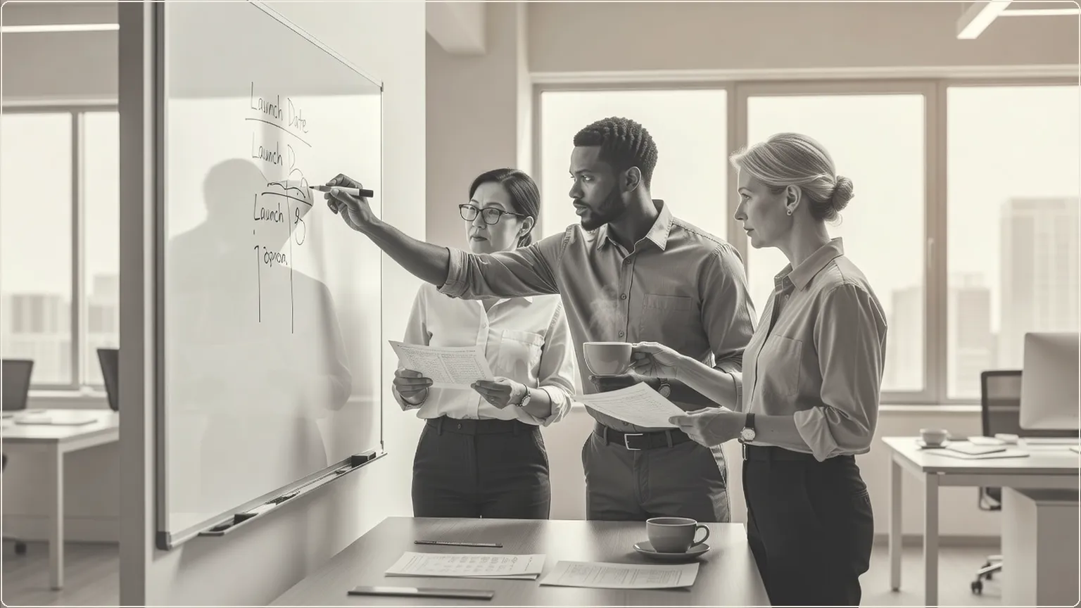 Engineers collaborating around a whiteboard covered in handwritten notes and timelines