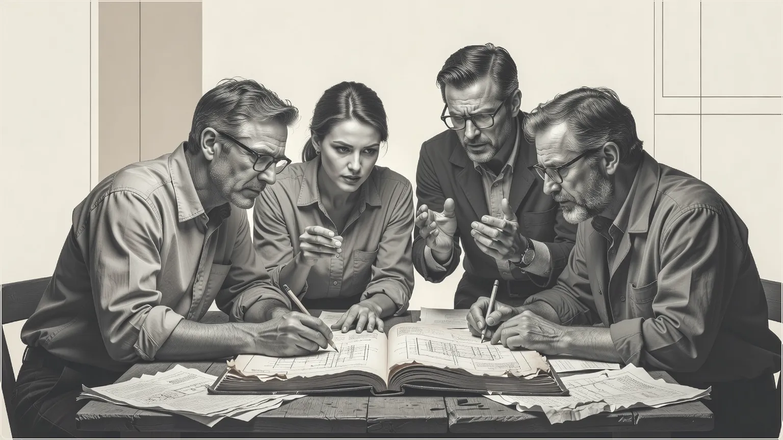 Engineers studying a manual and sketching ideas at a wooden table
