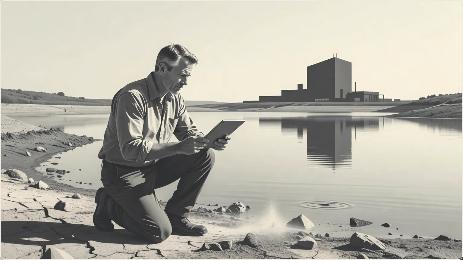 Engineer at a shrinking reservoir checking water levels with a tablet, data center reflected in the distance