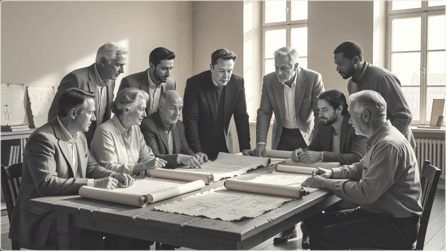 Filmmakers and historians reviewing ancient scrolls and sketches in a sunlit studio