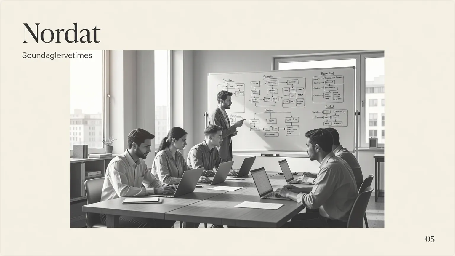 Developers collaborating around a table with laptops and a whiteboard of workflow notes