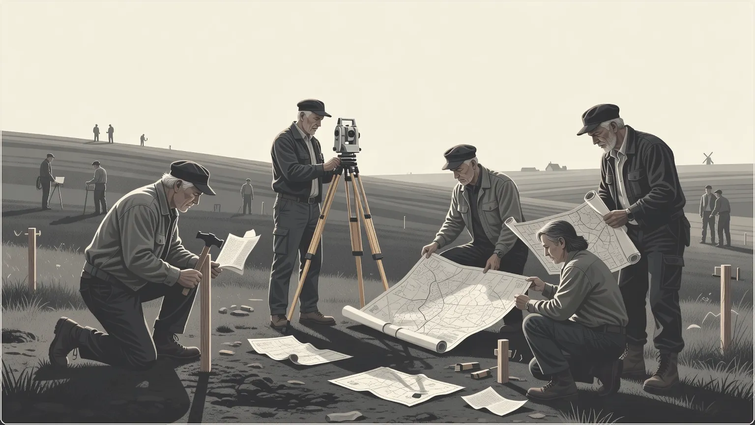 Engineers marking territory with stakes and maps on a vast landscape