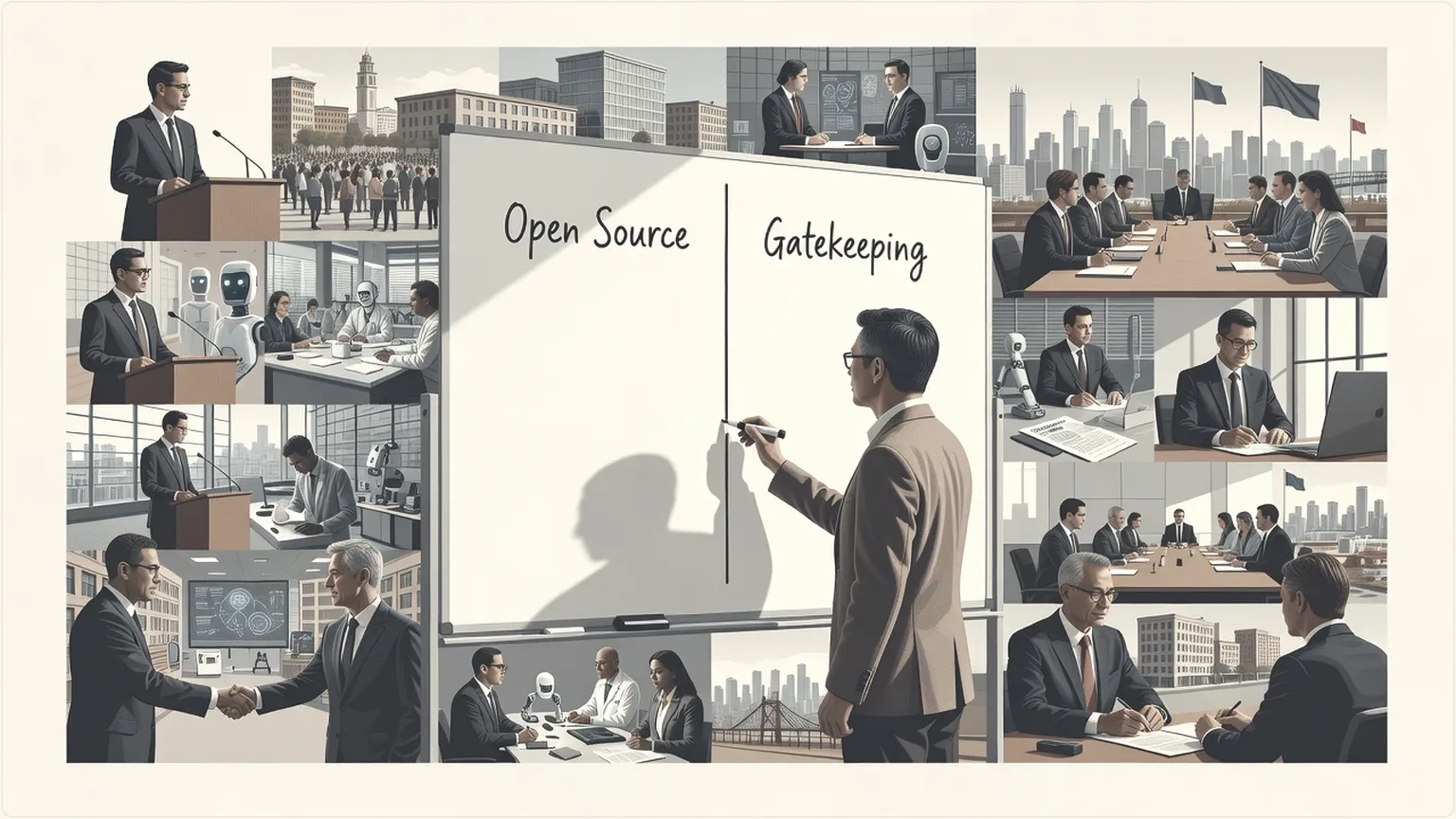 Andrew Ng drawing a line on a whiteboard to separate open source from gatekeeping