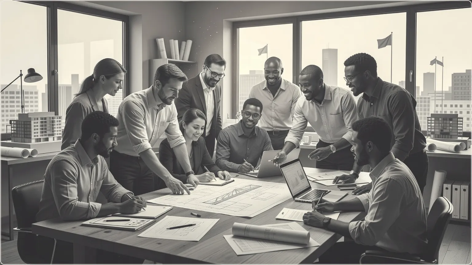 Team collaborating around a table with objects and laptops in a bright studio