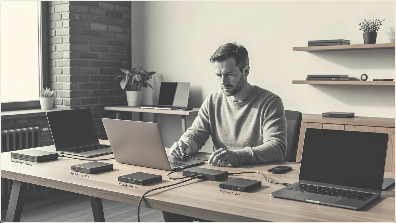 Engineer connecting USB-C cables to a hub on a desk with multiple devices