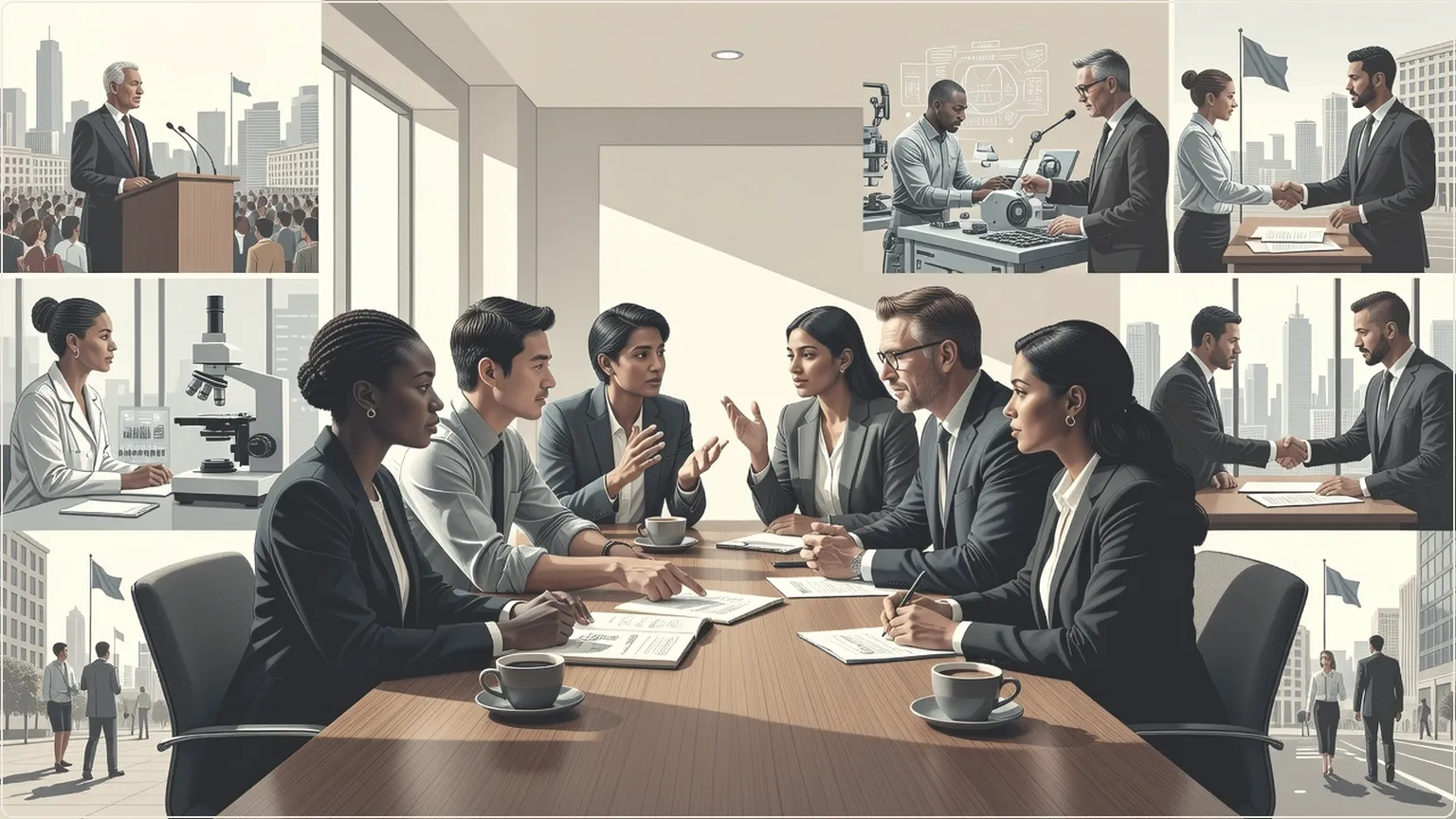 Professionals debating at a wooden conference table